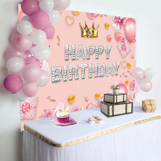 Lofaris Sweet Pink Crown Balloon Happy Birthday Backdrop