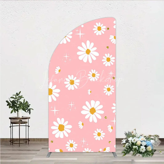Lofaris Sweet Pink Daisy Flower Half Moon Arch Backdrop with Golden Glitter and Sparkles Perfect for Birthday Party Decor