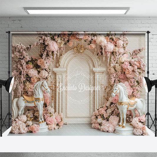 Lofaris Sweet Pink Floral Horses Elegant Wedding Backdrop