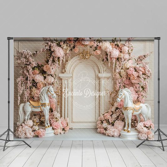 Lofaris Sweet Pink Floral Horses Elegant Wedding Backdrop
