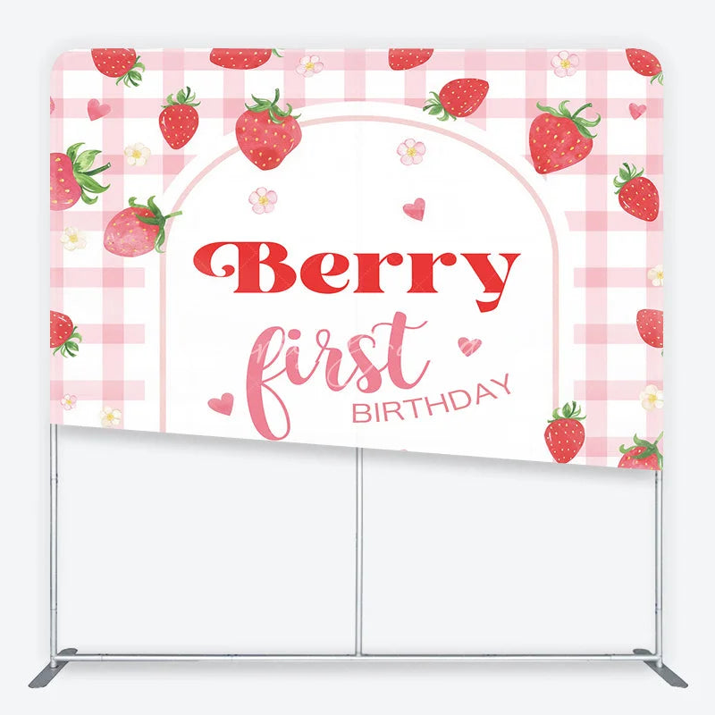 Lofaris Sweet Pink Gingham Strawberry Berry First Birthday Square Double-Sided Backdrop Cute Baby Shower Party Decor