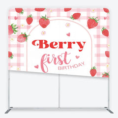 Lofaris Sweet Pink Gingham Strawberry Berry First Birthday Square Double-Sided Backdrop Cute Baby Shower Party Decor