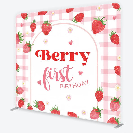 Lofaris Sweet Pink Gingham Strawberry Berry First Birthday Square Double-Sided Backdrop Cute Baby Shower Party Decor