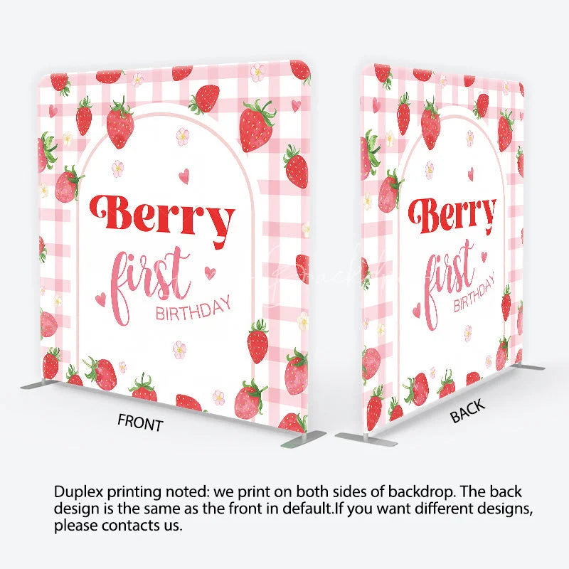Lofaris Sweet Pink Gingham Strawberry Berry First Birthday Square Double-Sided Backdrop Cute Baby Shower Party Decor