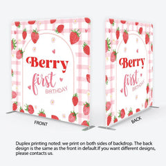 Lofaris Sweet Pink Gingham Strawberry Berry First Birthday Square Double-Sided Backdrop Cute Baby Shower Party Decor