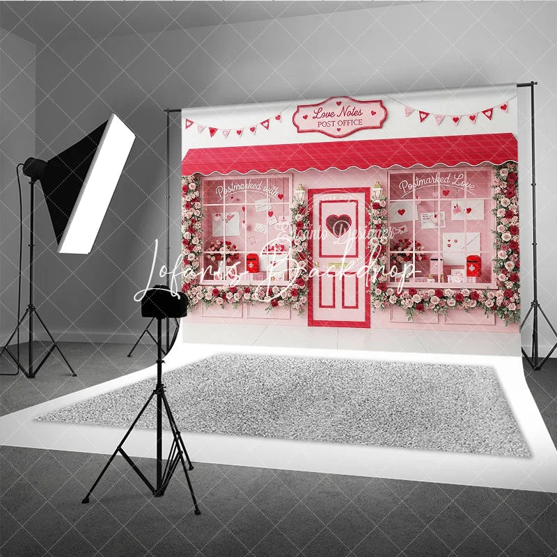Lofaris Sweet Pink Love Notes Post Office Valentine’s Day Romantic Photography Backdrop Red Roses and Heart Banner Decor