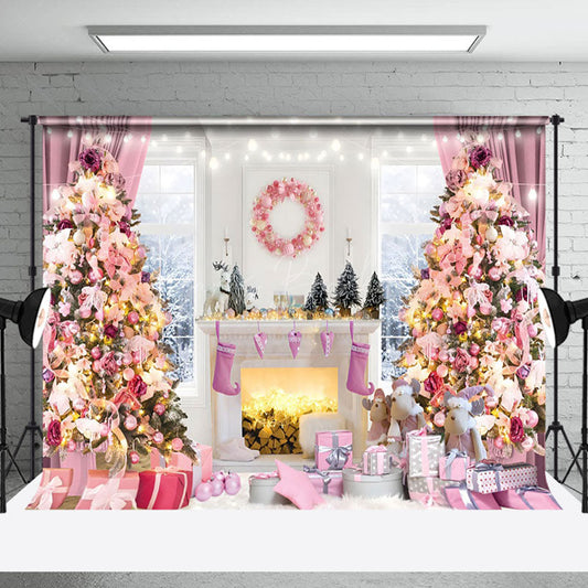 Lofaris Sweet Pinky Xmas Trees Light Happy Holiday Backdrop