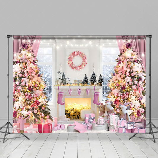 Lofaris Sweet Pinky Xmas Trees Light Happy Holiday Backdrop