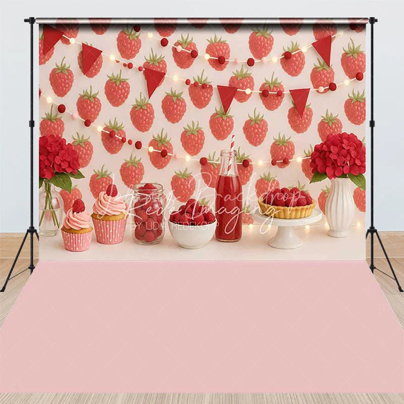 Lofaris Sweet Raspberry Combo Set Backdrop with String Lights and Bunting Perfect for Birthday Party Decor