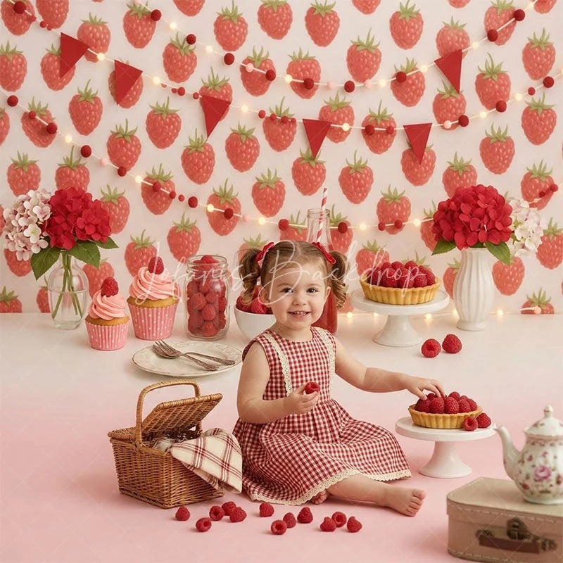 Lofaris Sweet Raspberry Combo Set Backdrop with String Lights and Bunting Perfect for Birthday Party Decor