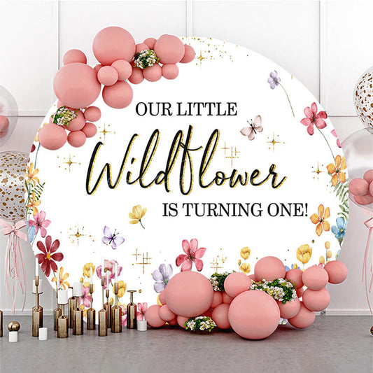 Lofaris Sweet Round Wildflower Happy First Birthday Backdrop