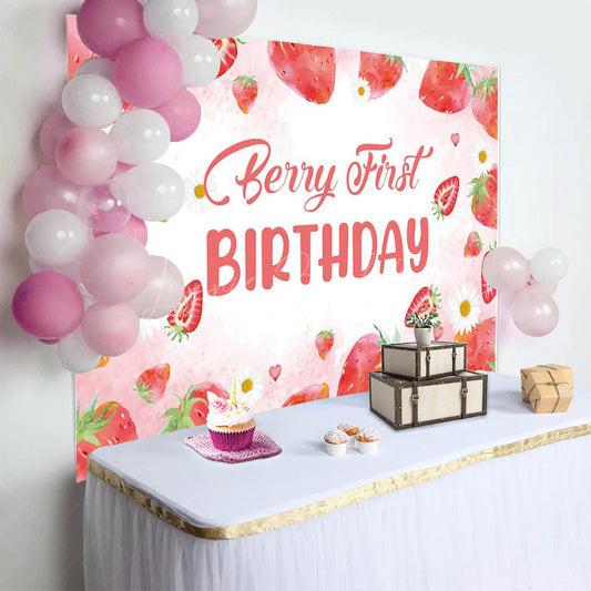 Lofaris Sweet Strawberry Girl Pink First Birthday Backdrop