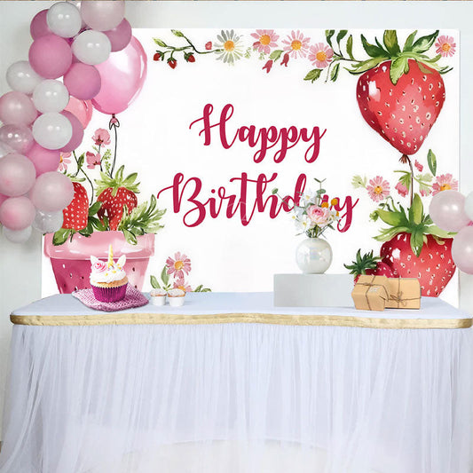 Lofaris Sweet Strawberry Happy Birthday Backdrop Summer Berry and Pink Balloons Fun Fruit Themed Party Photo Prop Decor