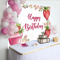 Lofaris Sweet Strawberry Happy Birthday Backdrop Summer Berry and Pink Balloons Fun Fruit Themed Party Photo Prop Decor