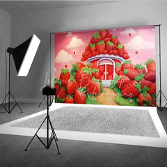 Lofaris Sweet Strawberry House Cake Smash Photography Backdrop Fantasy Fruit Garden Red Pink Background Kids Birthday Photo Prop