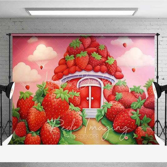 Lofaris Sweet Strawberry House Cake Smash Photography Backdrop Fantasy Fruit Garden Red Pink Background Kids Birthday Photo Prop