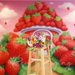 Lofaris Sweet Strawberry House Cake Smash Photography Backdrop Fantasy Fruit Garden Red Pink Background Kids Birthday Photo Prop