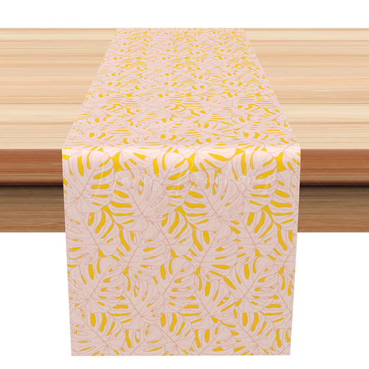 Lofaris Sweet Summer Leaves Table Runner in Pink and Yellow Repeating Botanical Pattern Fresh Kitchen or Party Decor