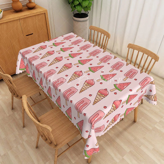 Lofaris Sweet Summer Rectangle Tablecloth Pink Ice Cream and Watermelon Dining Table Decor