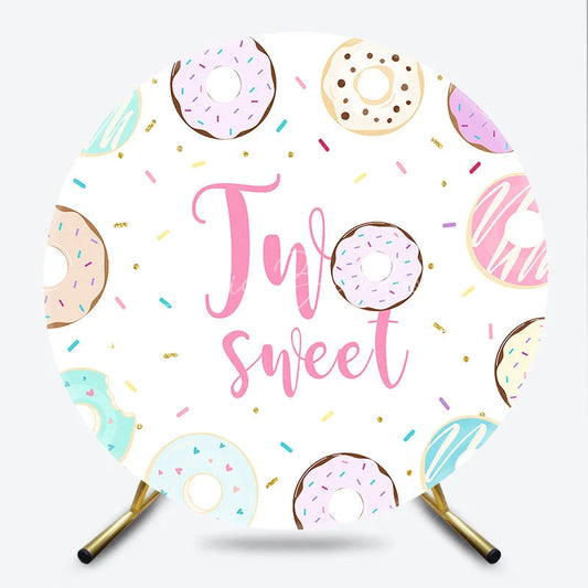 Lofaris Sweet Two Donut Theme Round Backdrop with Colorful Sprinkles Gold Glitter for a 2nd Birthday Party
