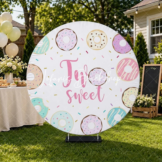 Lofaris Sweet Two Donut Theme Round Backdrop with Colorful Sprinkles Gold Glitter for a 2nd Birthday Party