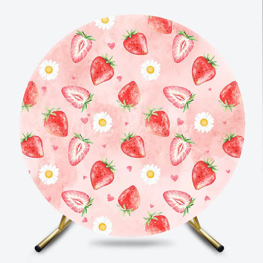 Lofaris Sweet Watercolor Strawberry and Daisy Pattern Round Backdrop Pink Floral Fruit Theme for Birthday Party Decor
