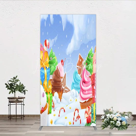 Lofaris Sweet Winter Wonderland Rectangle Arch Backdrop with Candy Canes Cupcakes and Festive Gifts for Holiday Parties