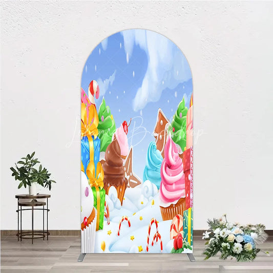 Lofaris Sweet Winter Wonderland Round Top Arch Backdrop with Cupcakes Gingerbread and Candy Canes for Holiday Party Decor