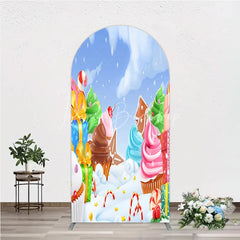 Lofaris Sweet Winter Wonderland Round Top Arch Backdrop with Cupcakes Gingerbread and Candy Canes for Holiday Party Decor