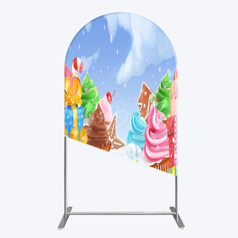 Lofaris Sweet Winter Wonderland Round Top Arch Backdrop with Cupcakes Gingerbread and Candy Canes for Holiday Party Decor