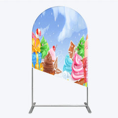 Lofaris Sweet Winter Wonderland Round Top Arch Backdrop with Cupcakes Gingerbread and Candy Canes for Holiday Party Decor