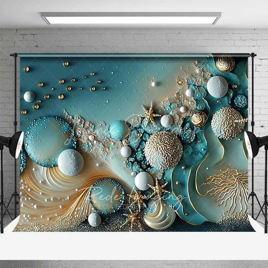 Lofaris Teal Abstract Bubble and Gold Starfish Backdrop Pearl Ocean Photography Background Summer Event Decor