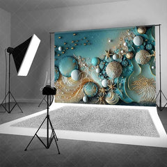 Lofaris Teal Abstract Bubble and Gold Starfish Backdrop Pearl Ocean Photography Background Summer Event Decor