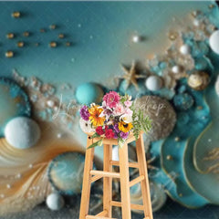 Lofaris Teal Abstract Bubble and Gold Starfish Backdrop Pearl Ocean Photography Background Summer Event Decor