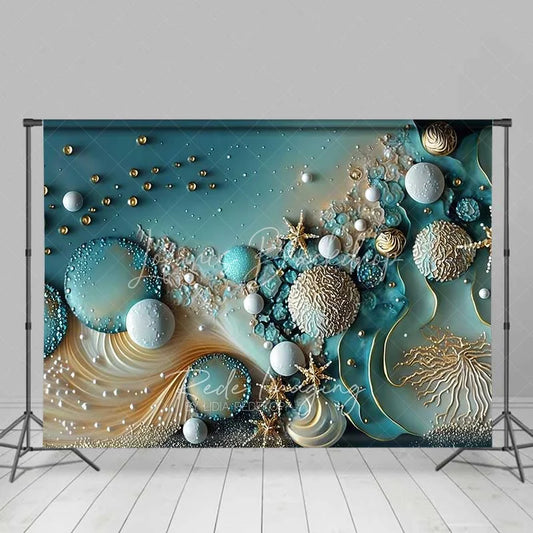 Lofaris Teal Abstract Bubble and Gold Starfish Backdrop Pearl Ocean Photography Background Summer Event Decor