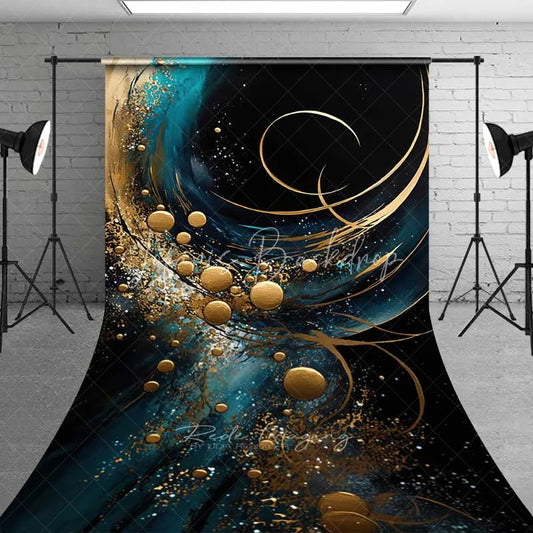 Lofaris Teal and Gold Abstract Fluid Art Backdrop Luxury Swirls Golden Circles Photography Background