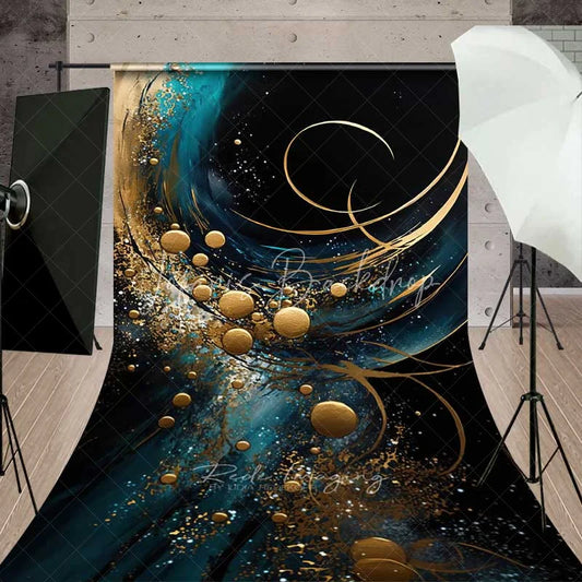 Lofaris Teal and Gold Abstract Fluid Art Backdrop Luxury Swirls Golden Circles Photography Background