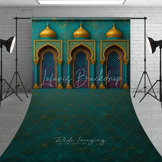 Lofaris Teal and Gold Arabian Archways Sweep Backdrop Exotic Moroccan Palace Photography Studio Prop for Parties Events