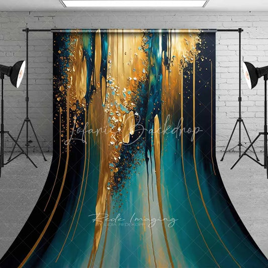 Lofaris Teal and Gold Dripping Paint Abstract Backdrop Vertical Textured Strokes Photography Background