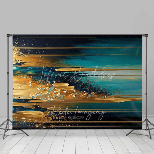 Lofaris Teal and Gold Horizontal Abstract Texture Backdrop Leaf Art Photography Background Modern Party Event Decor