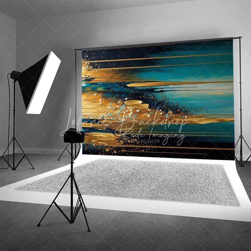Lofaris Teal and Gold Horizontal Abstract Texture Backdrop Leaf Art Photography Background Modern Party Event Decor