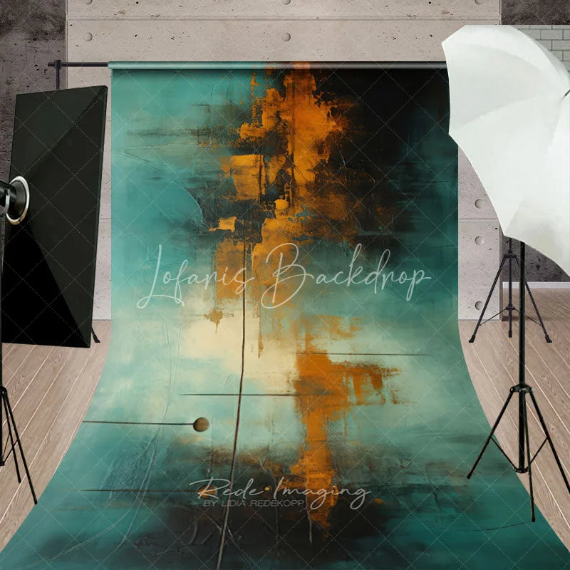 Lofaris Teal and Orange Abstract Textured Sweep Backdrop Modern Art Style with Dramatic Gold Black Hues for Photography.