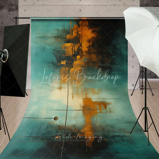 Lofaris Teal and Orange Abstract Textured Sweep Backdrop Modern Art Style with Dramatic Gold Black Hues for Photography.