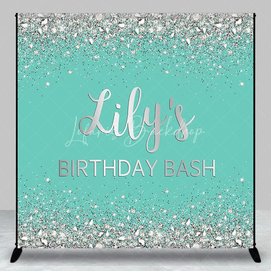 Lofaris Teal and Silver Glitter Diamond Custom Birthday Backdrop Personalized Name Bash Party Decor