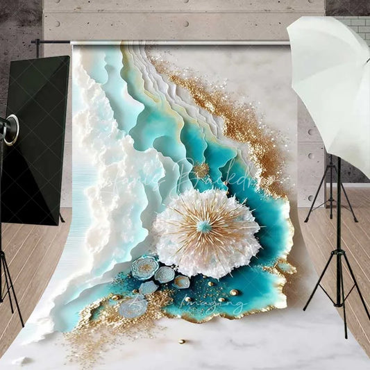 Lofaris Teal and White Layered Wave Abstract Art Backdrop Gold Glitter Spiky Anemone Photography Background