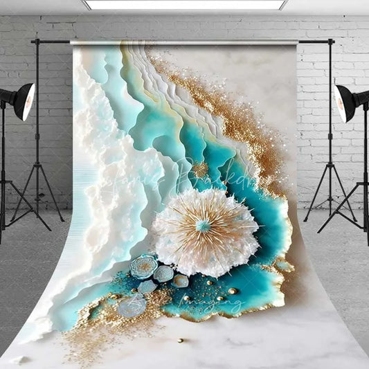 Lofaris Teal and White Layered Wave Abstract Art Backdrop Gold Glitter Spiky Anemone Photography Background