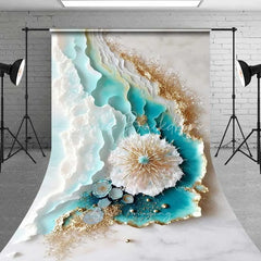 Lofaris Teal and White Layered Wave Abstract Art Backdrop Gold Glitter Spiky Anemone Photography Background