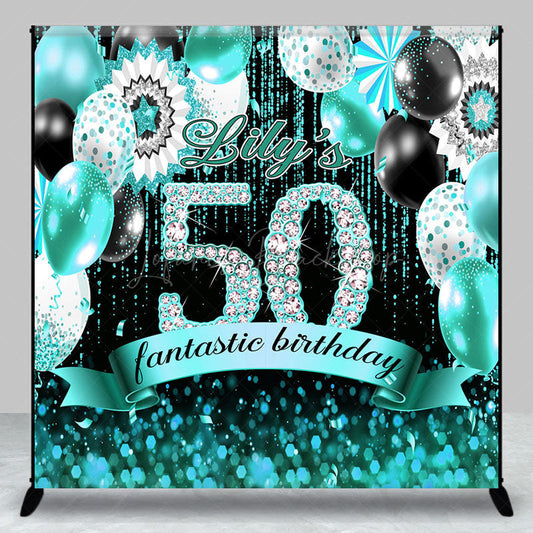 Lofaris Teal Balloons Bokeh Custom Name 50 Birthday Backdrop