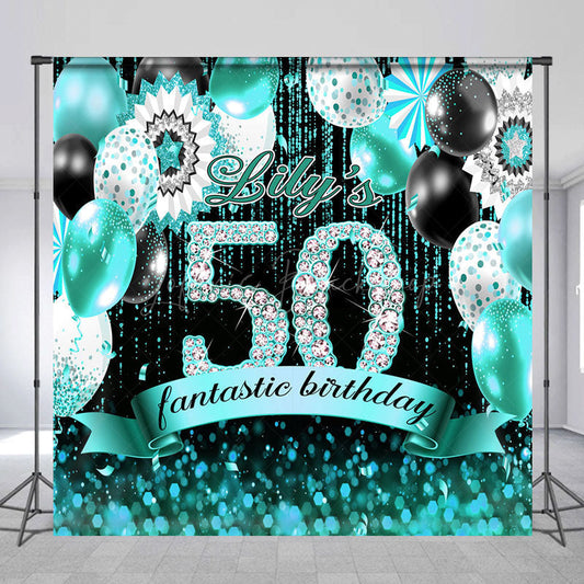 Lofaris Teal Balloons Bokeh Custom Name 50 Birthday Backdrop