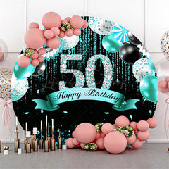 Lofaris Teal Balloons Glitter Round 50th Birthday Backdrop